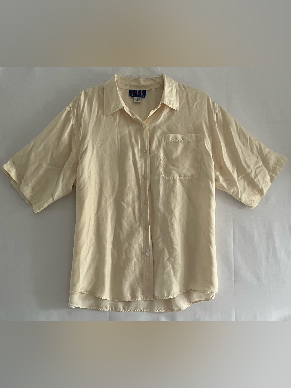 HER Cream 100% Silk Short Sleeve Button Up Shirt L